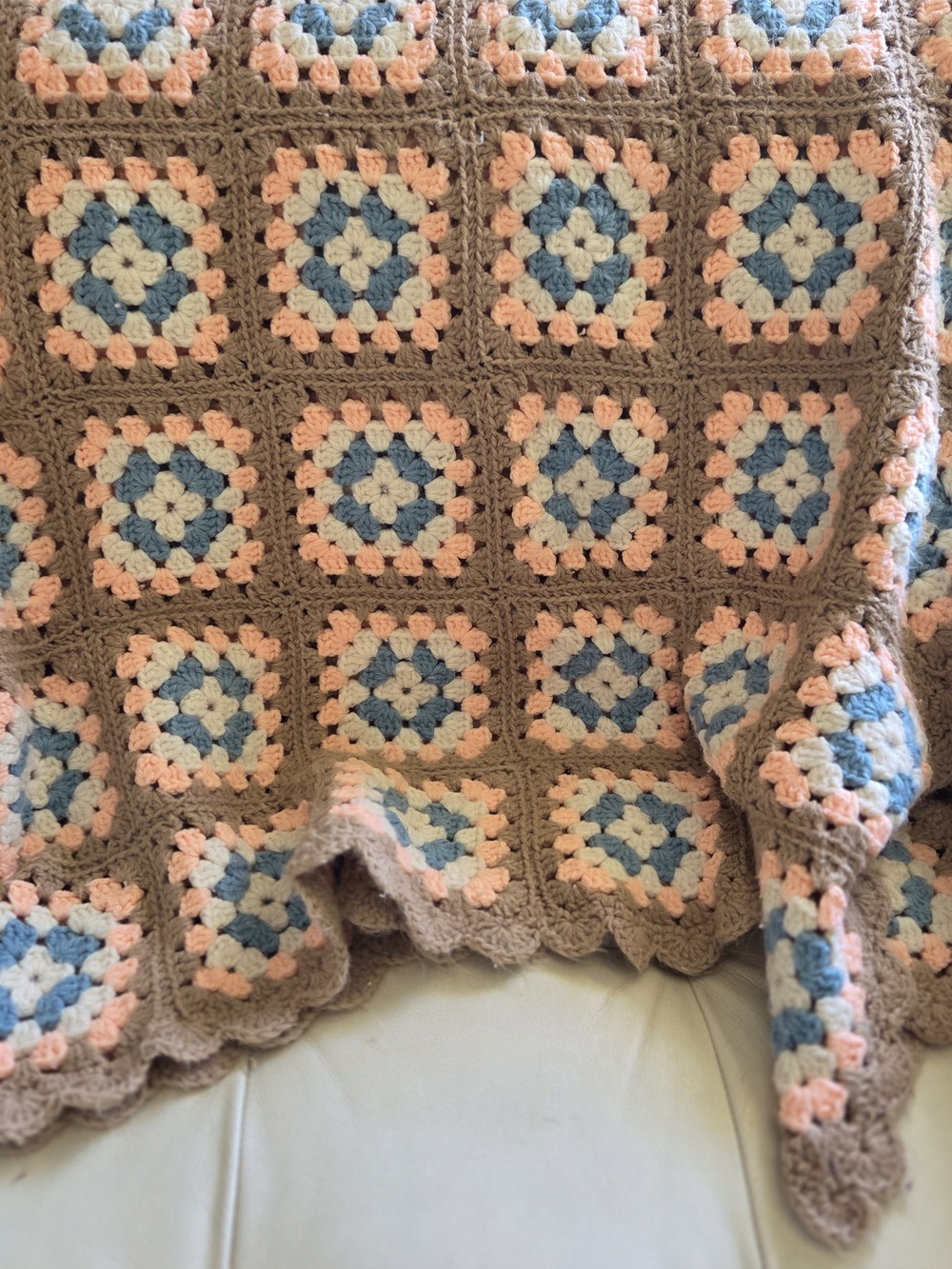 Vintage Crochet Granny Square Blanket Throw 71x51 Brown Peach Blue Handmade Boho